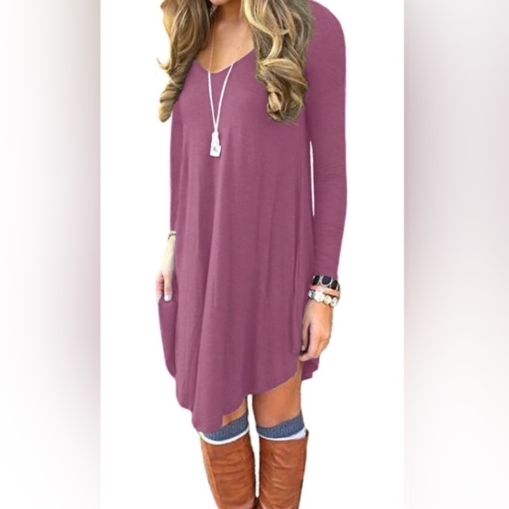 Dearcase Women's Mauve Pink Long Sleeve Casual Loose T-Shirt Dress Size Medium